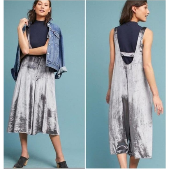 Anthropologie‎ Maeve Women's Silver Velvet Cropped Overall Jumpsuit. Size XS - Picture 1 of 12